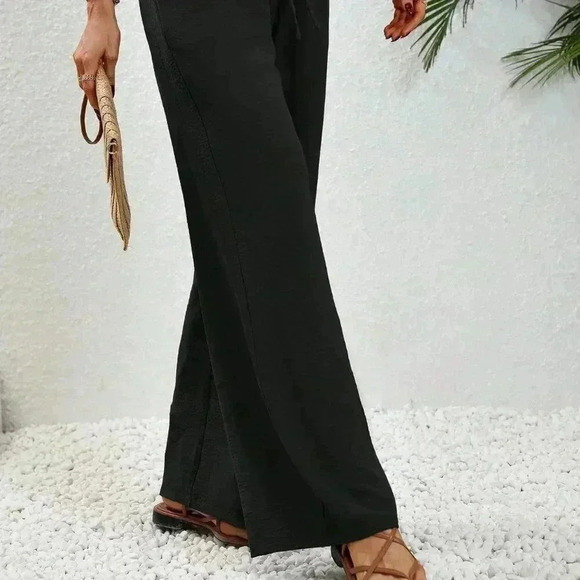 Black Casual Women's Drawstring Waist Wide Leg Pants - Picture 5 of 6